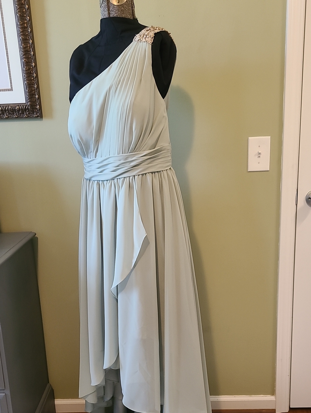 JJs House One-Shoulder Sage Green Chiffon Evening Dress Est Size 12-14